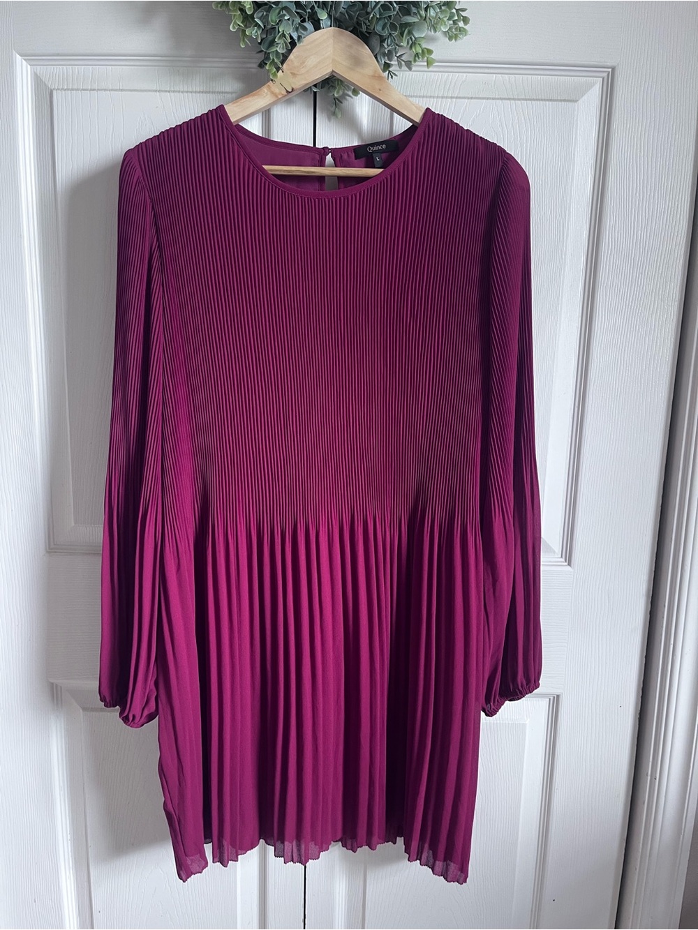 Quince Chiffon Pleated Long Sleeve Mini Dress Magenta Size L